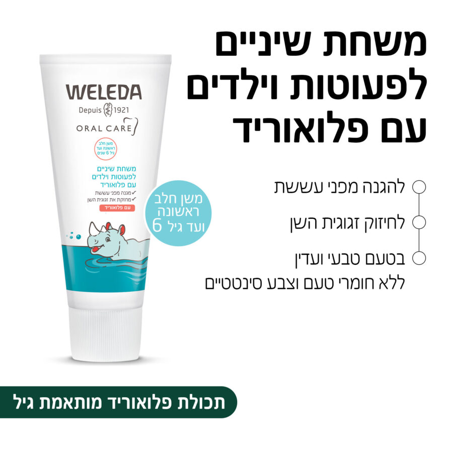 משחת שיניים לפעוטות וילדים עם פלואוריד משן חלב ראשונה ועד גיל 6 שנים