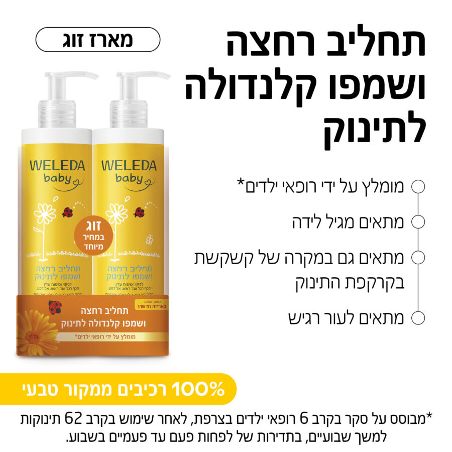 מארז זוג תחליב רחצה ושמפו קלנדולה לתינוק עם משאבה – 800 מ”ל