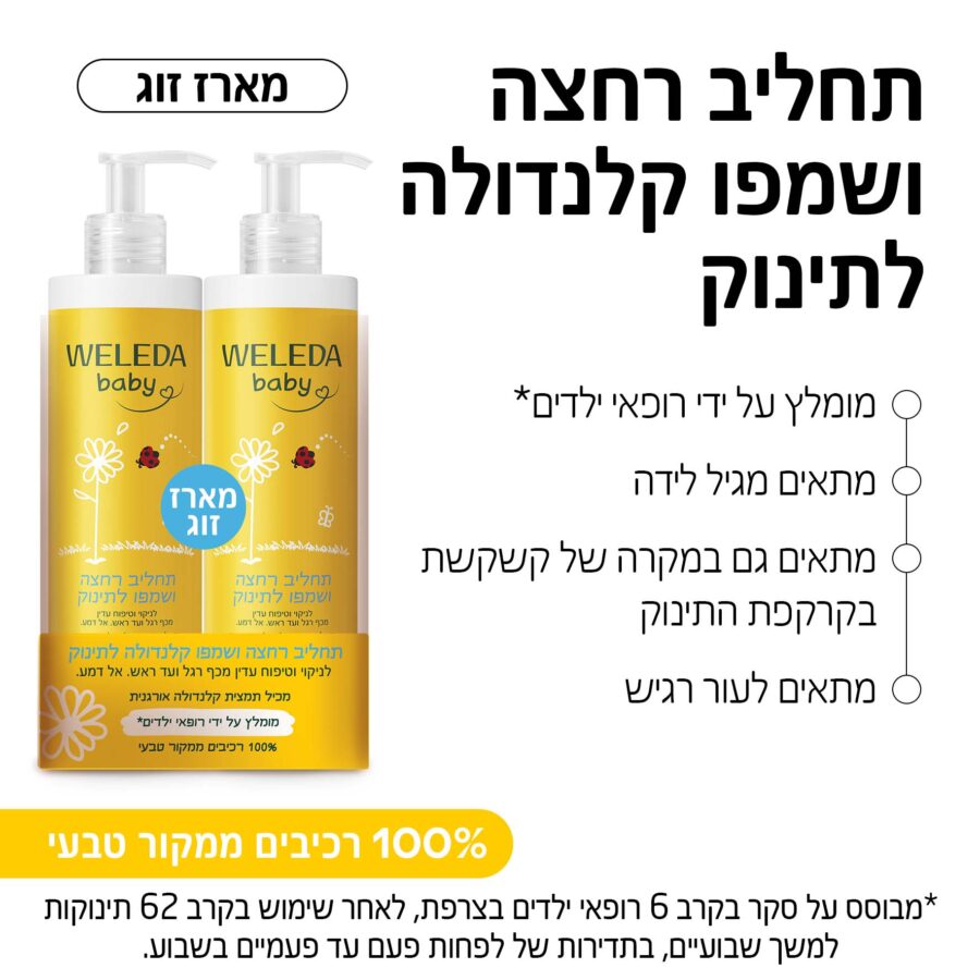 מארז זוג תחליב רחצה ושמפו קלנדולה לתינוק עם משאבה – 800 מ”ל