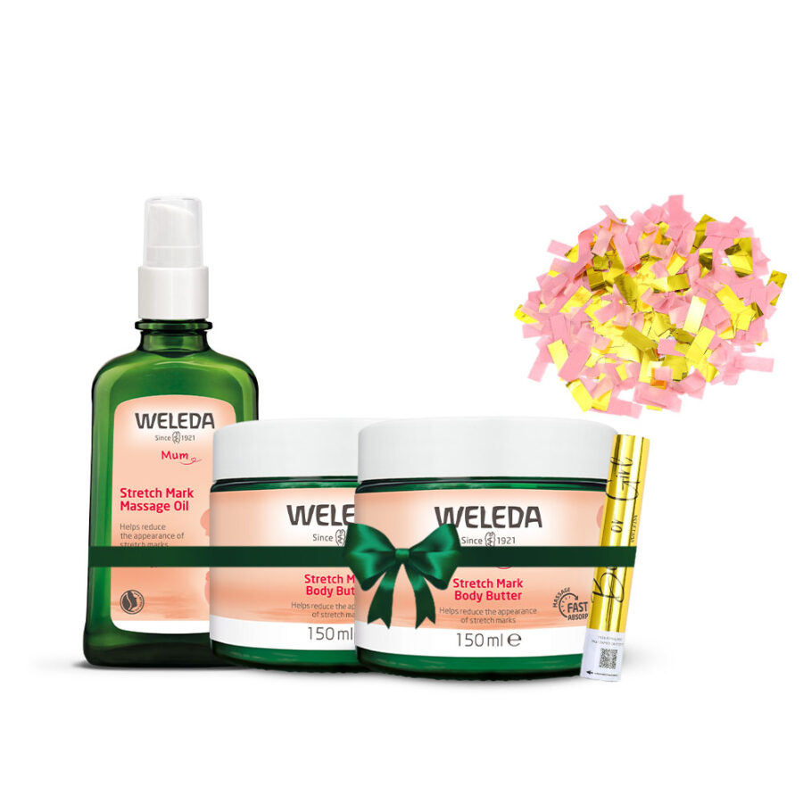 מארז סימני מתיחה בדגש על חמאת הריון עם קונפטי ורוד לגילוי מין העובר