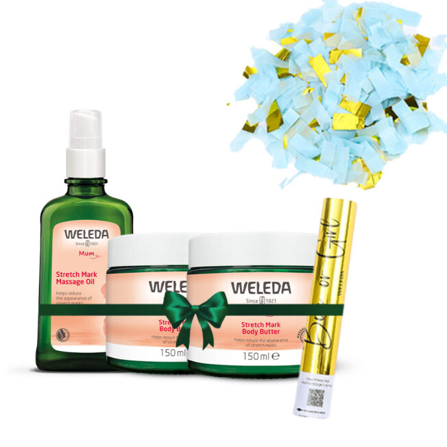 מארז סימני מתיחה בדגש על חמאת הריון עם קונפטי כחול לחשיפת מין העובר