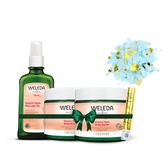 מארז סימני מתיחה בדגש על חמאת הריון עם קונפטי כחול לגילוי מין העובר