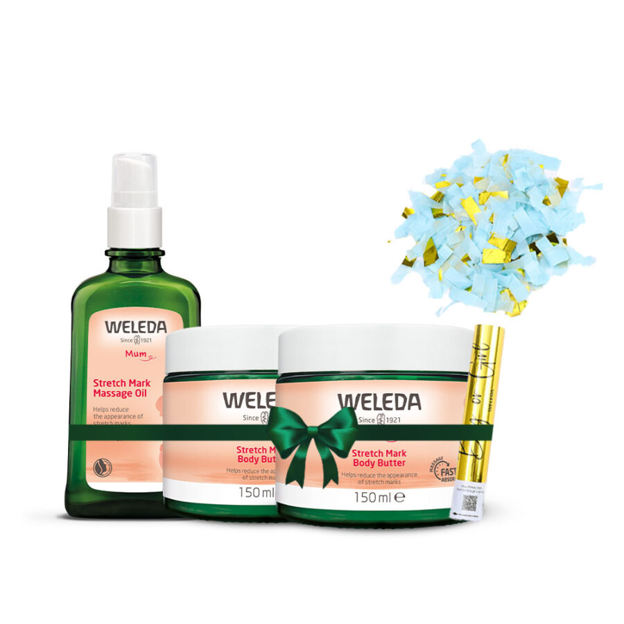 מארז סימני מתיחה בדגש על חמאת הריון עם קונפטי כחול לגילוי מין העובר