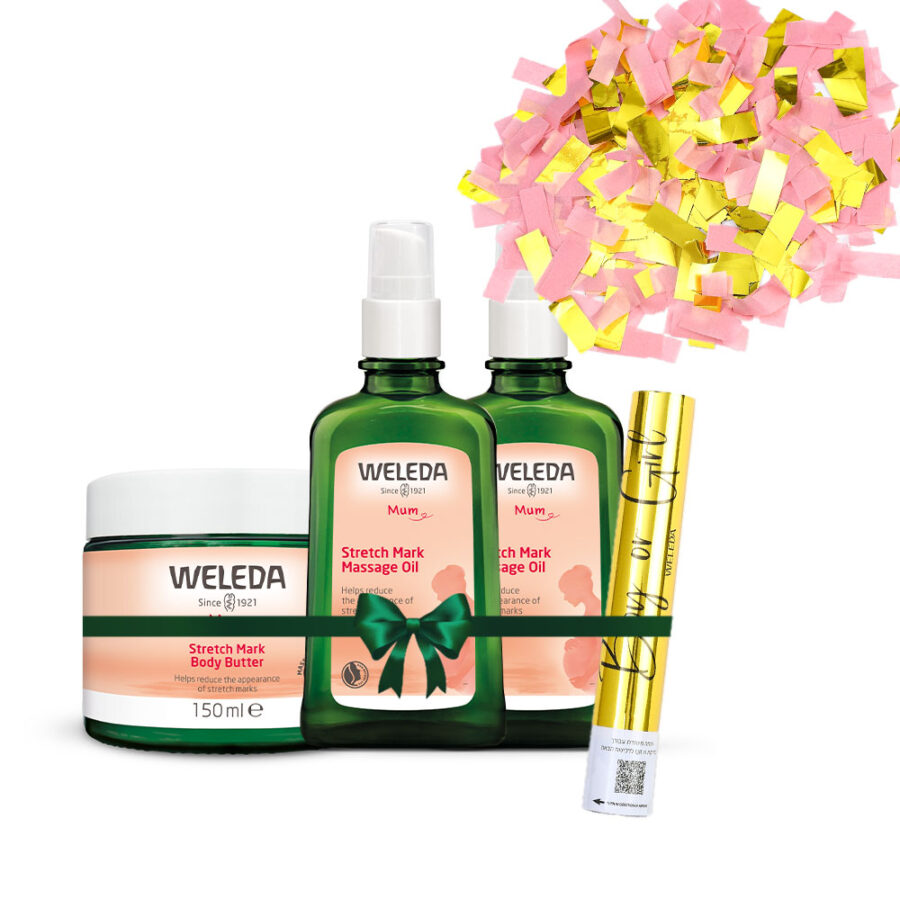 מארז סימני מתיחה בדגש על שמן הריון עם קונפטי ורוד לחשיפת מין העובר