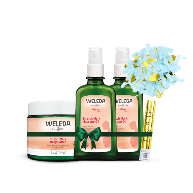 מארז סימני מתיחה בדגש על שמן הריון עם קונפטי כחול לגילוי מין העובר